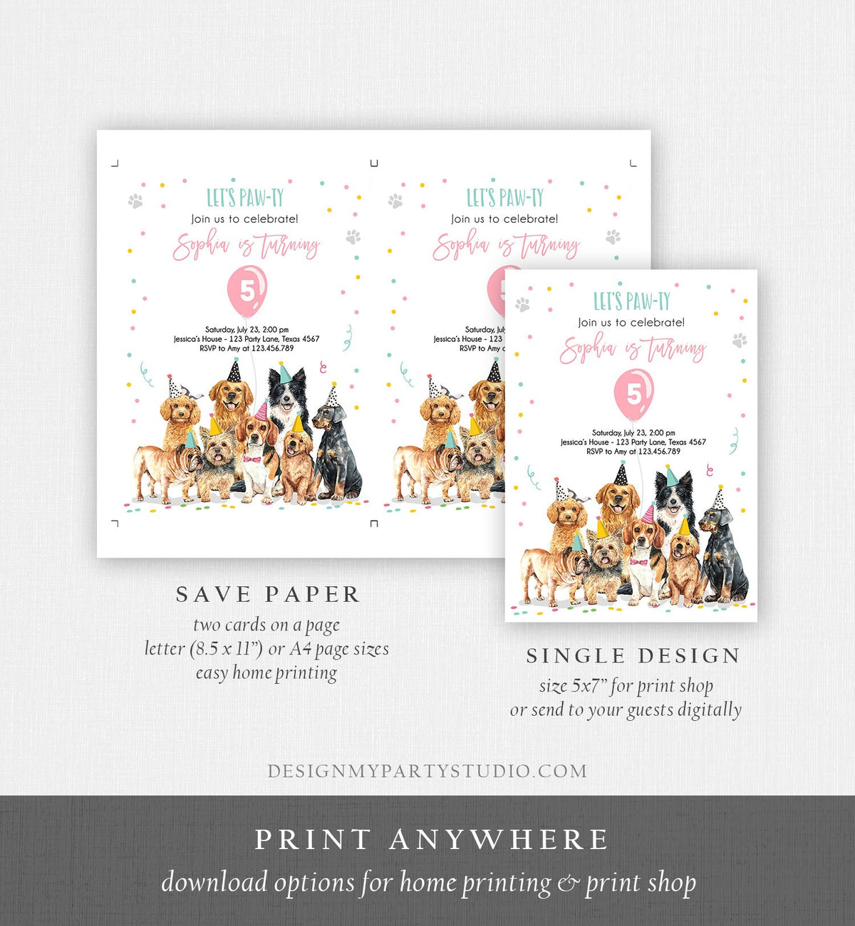 Editable Puppy Birthday Invitation Dogs Birthday Party Invite Pink Girl Let&#39;s Pawty Dog Party Animals Download Printable Template Evite 0384