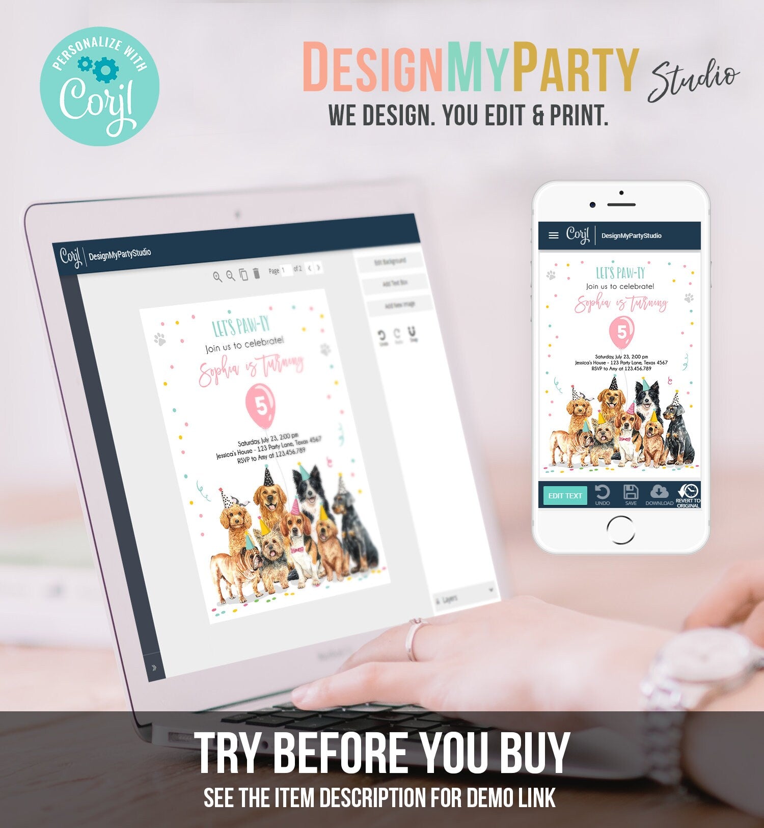 Editable Puppy Birthday Invitation Dogs Birthday Party Invite Pink Girl Let's Pawty Dog Party Animals Download Printable Template Evite 0384