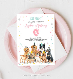 Editable Puppy Birthday Invitation Dogs Birthday Party Invite Pink Girl Watercolor Let's Pawty Dog Download Printable Template Corjl 0384