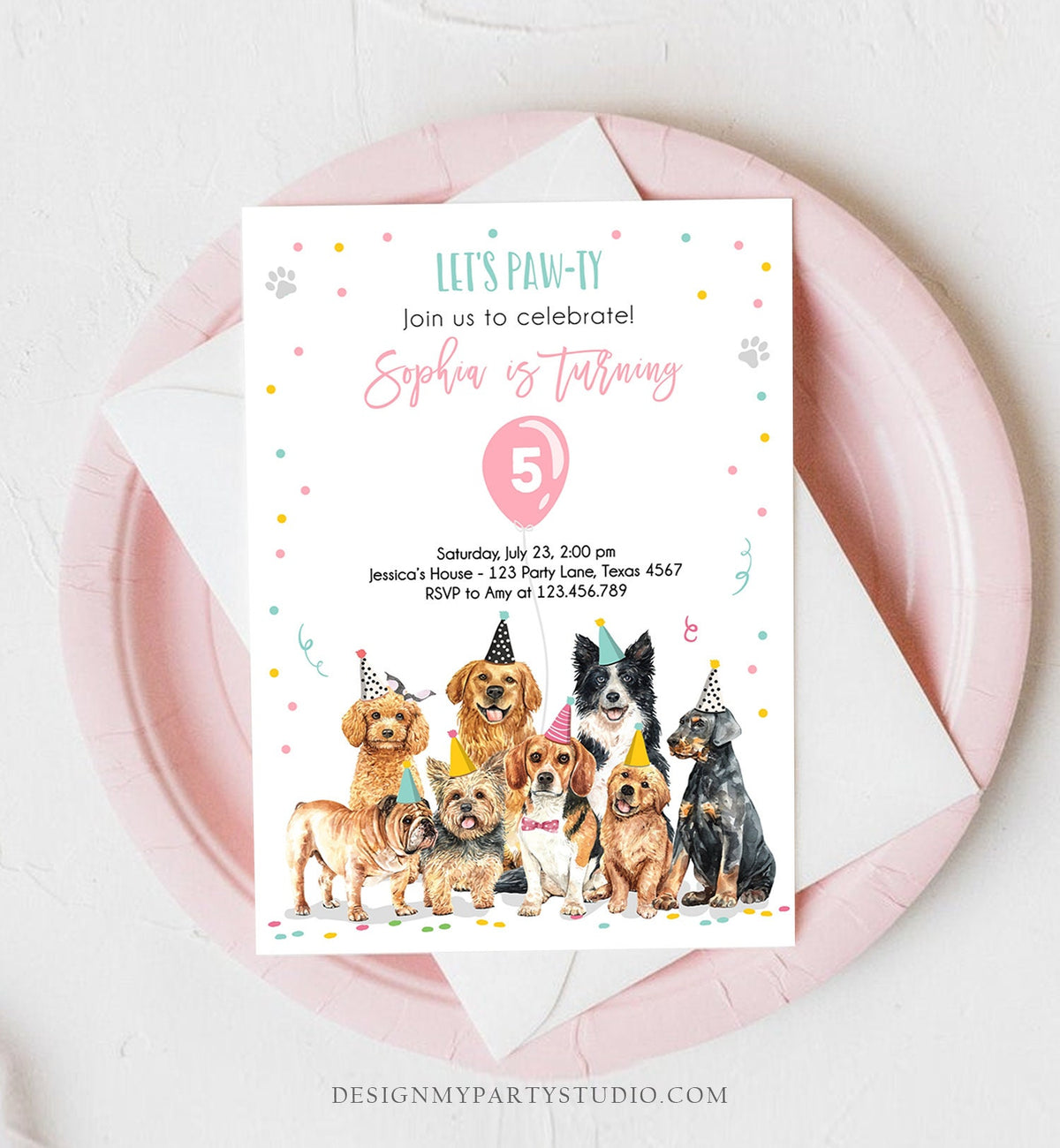 Editable Puppy Birthday Invitation Dogs Birthday Party Invite Pink Girl Let&#39;s Pawty Dog Party Animals Download Printable Template Evite 0384