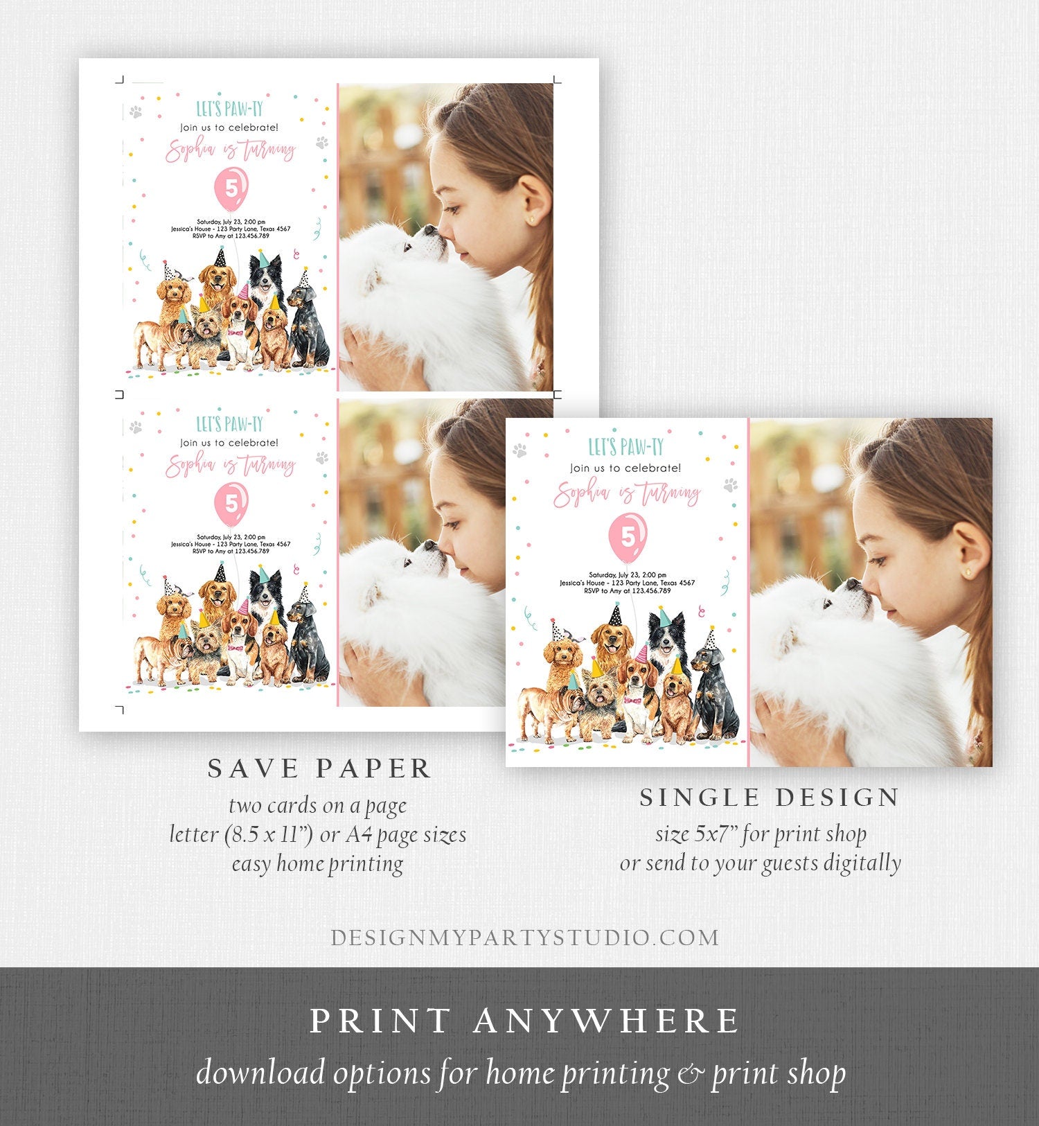 Editable Puppy Birthday Invitation Dogs Birthday Party Invite Pink Girl Watercolor Let's Pawty Dog Digital Download Template Printable 0384