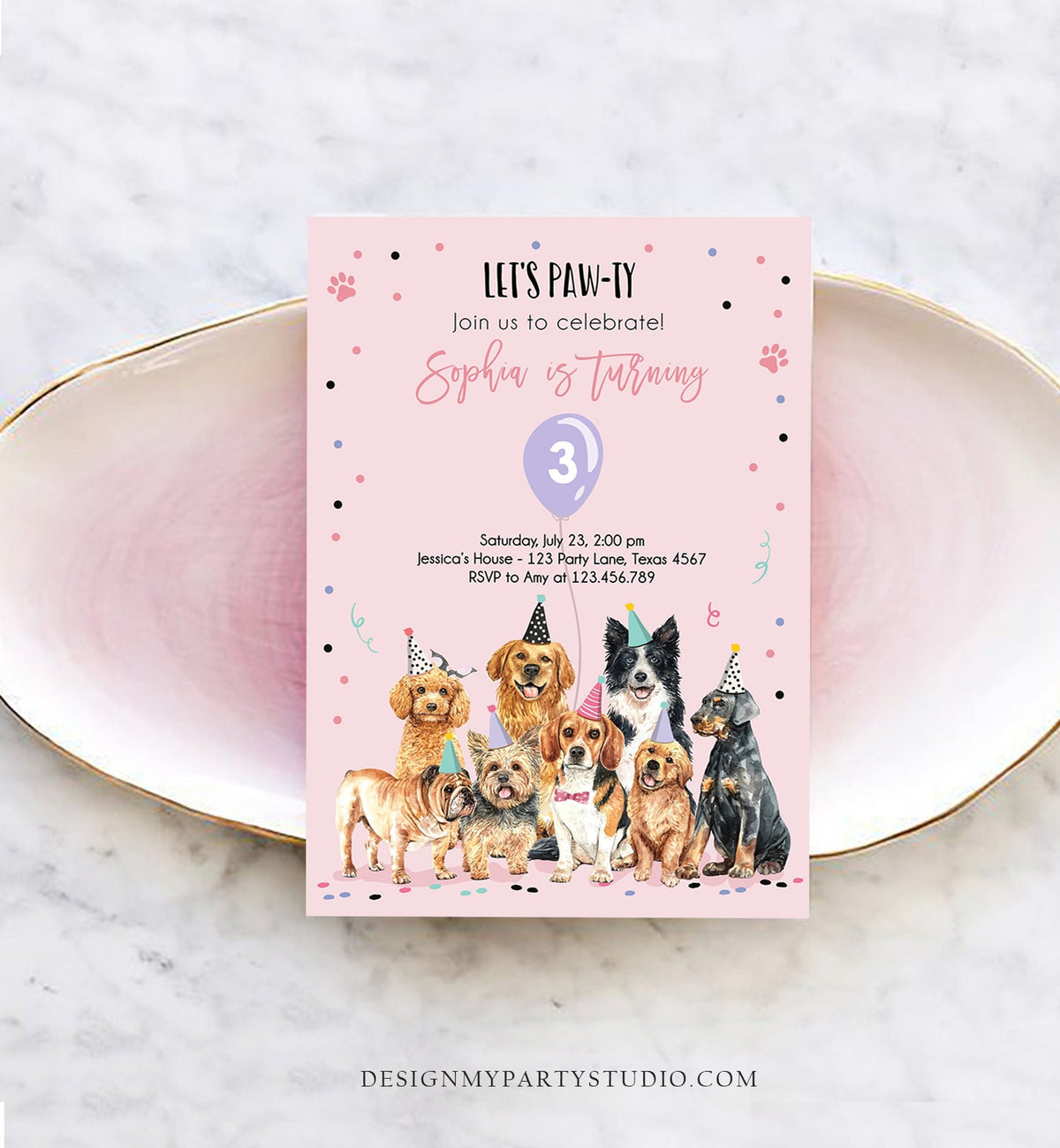 Editable Puppy Birthday Invitation Dogs Birthday Party Invite Pink Girl Watercolor Let&#39;s Pawty Dog Digital Download Template Printable 0384