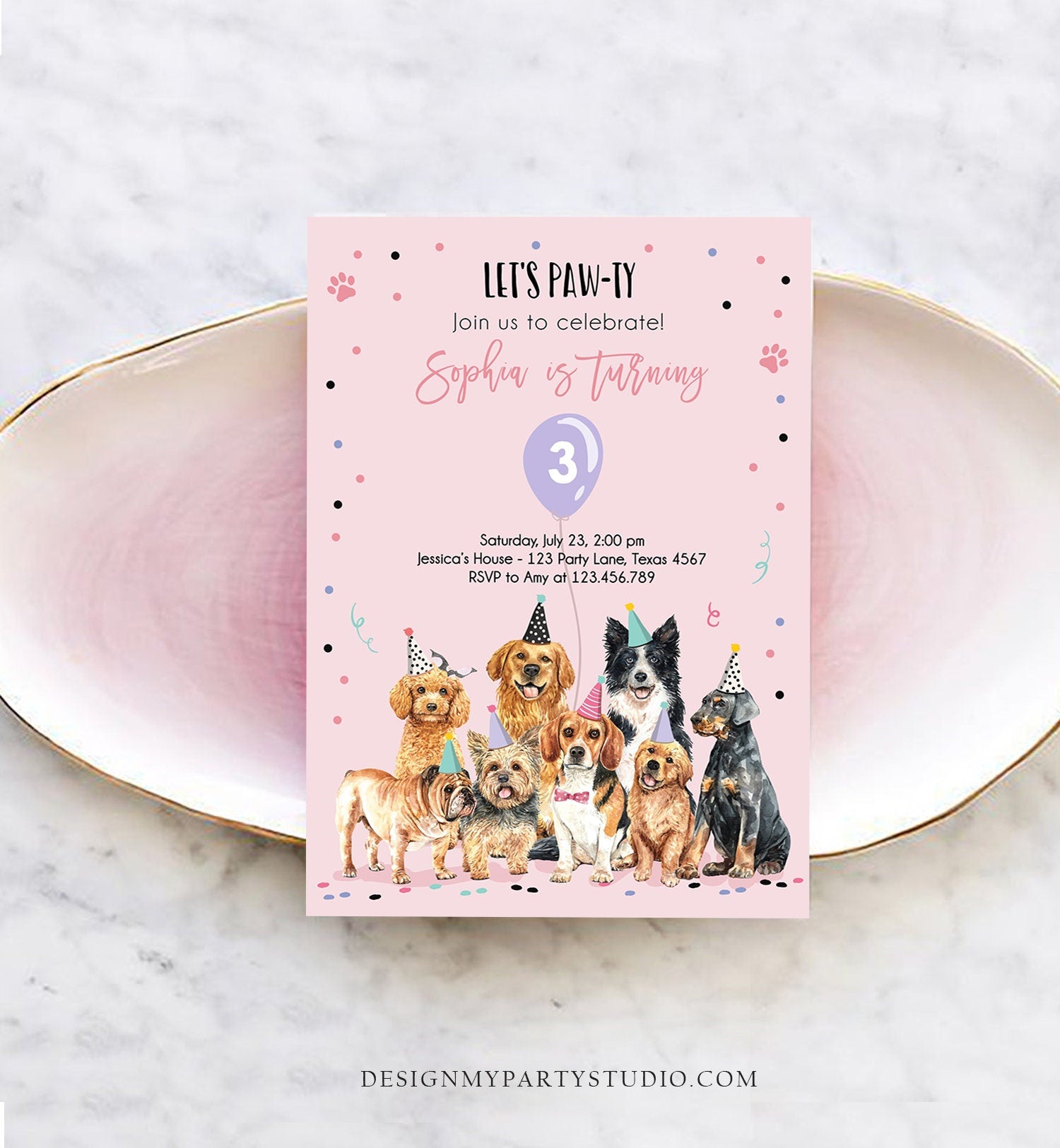 Editable Puppy Birthday Invitation Dogs Birthday Party Invite Pink Girl Watercolor Let's Pawty Dog Digital Download Template Printable 0384