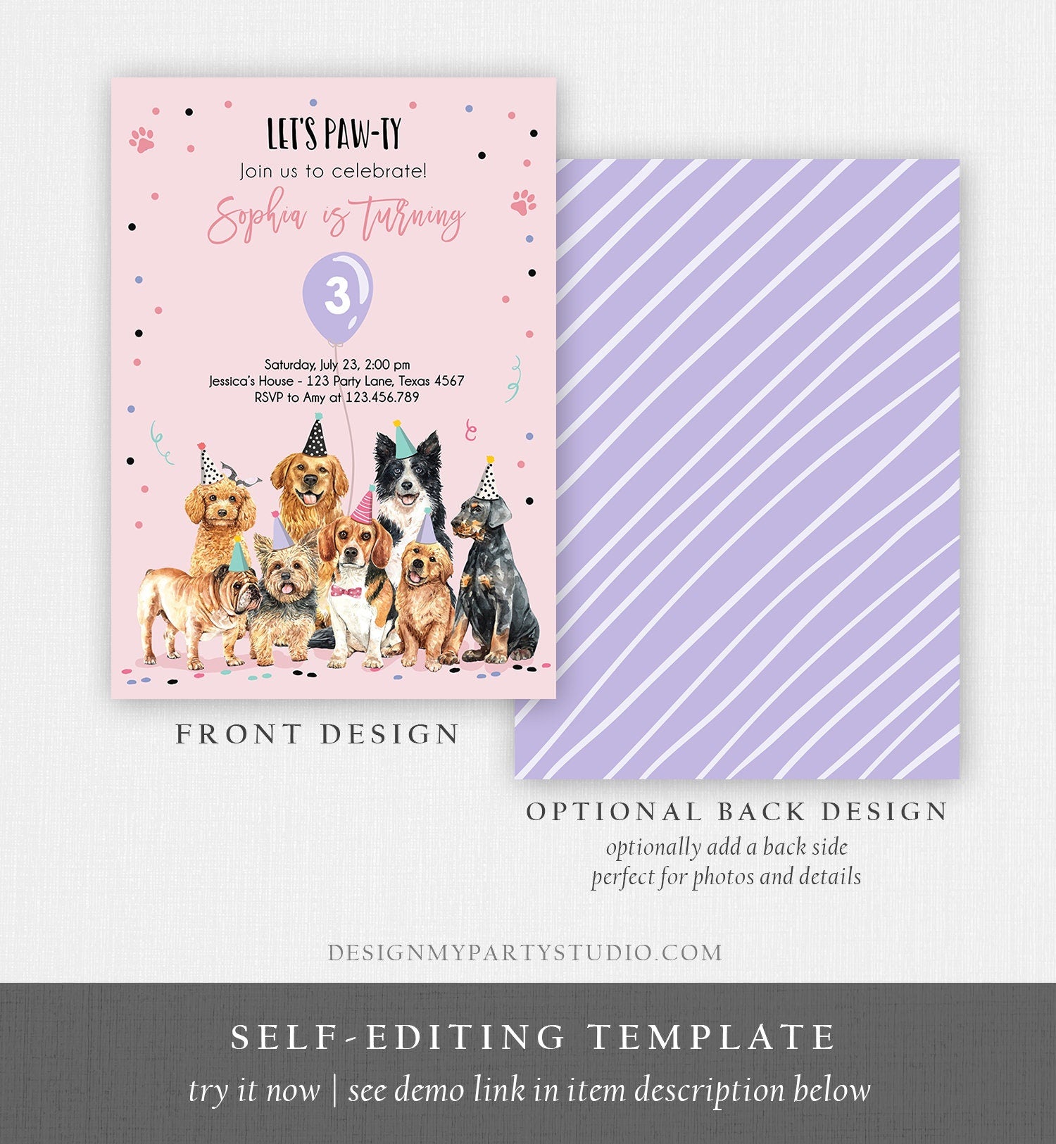 Editable Puppy Birthday Invitation Dogs Birthday Party Invite Pink Girl Watercolor Let's Pawty Dog Digital Download Template Printable 0384