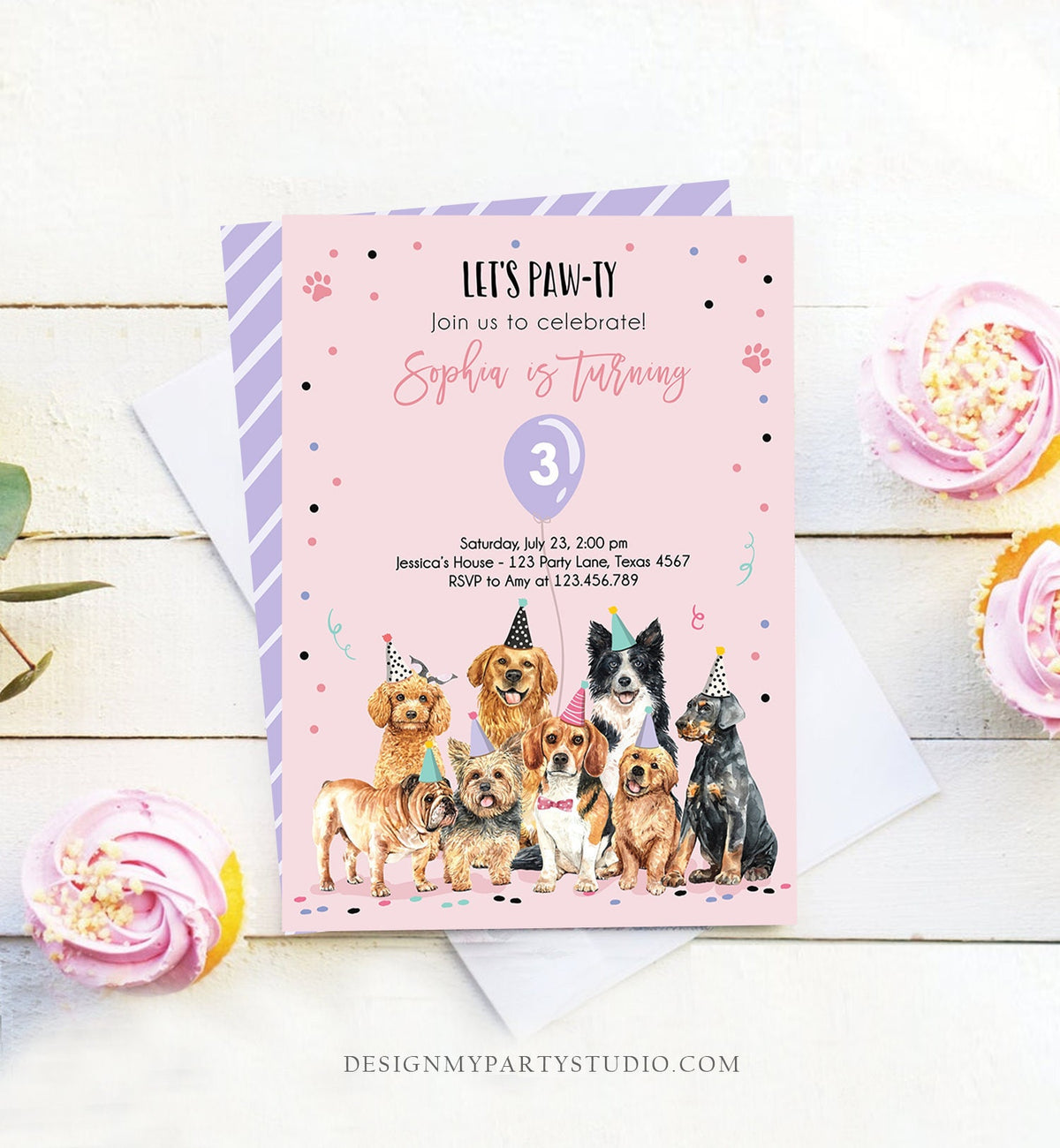 Editable Puppy Birthday Invitation Dogs Birthday Party Invite Pink Girl Watercolor Let&#39;s Pawty Dog Digital Download Template Printable 0384