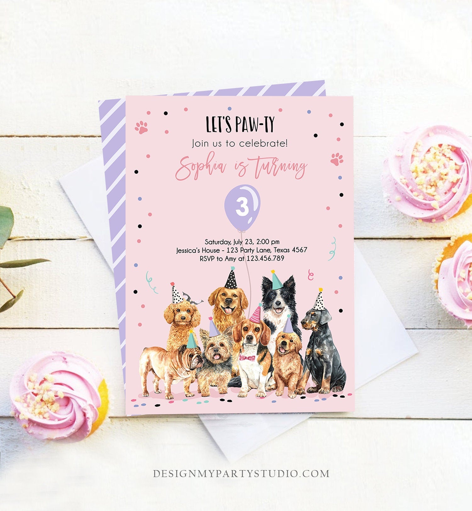 Editable Puppy Birthday Invitation Dogs Birthday Party Invite Pink Girl Watercolor Let's Pawty Dog Digital Download Template Printable 0384
