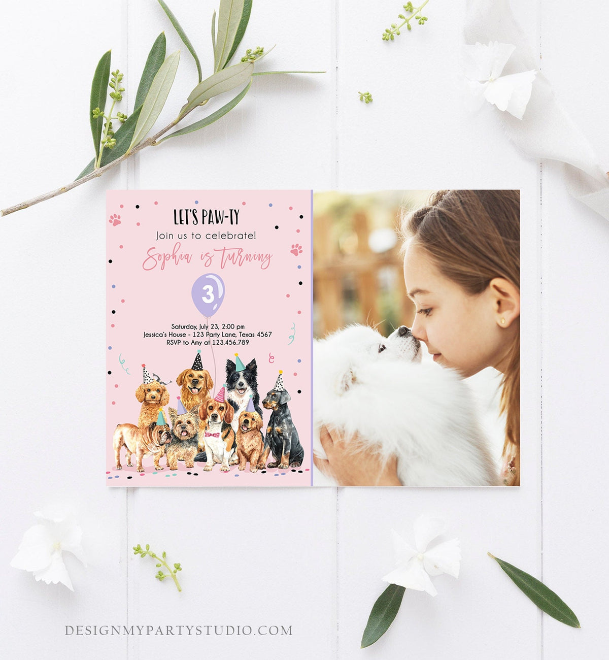 Editable Puppy Birthday Invitation Dogs Birthday Party Invite Pink Girl Watercolor Let&#39;s Pawty Dog Digital Download Template Printable 0384