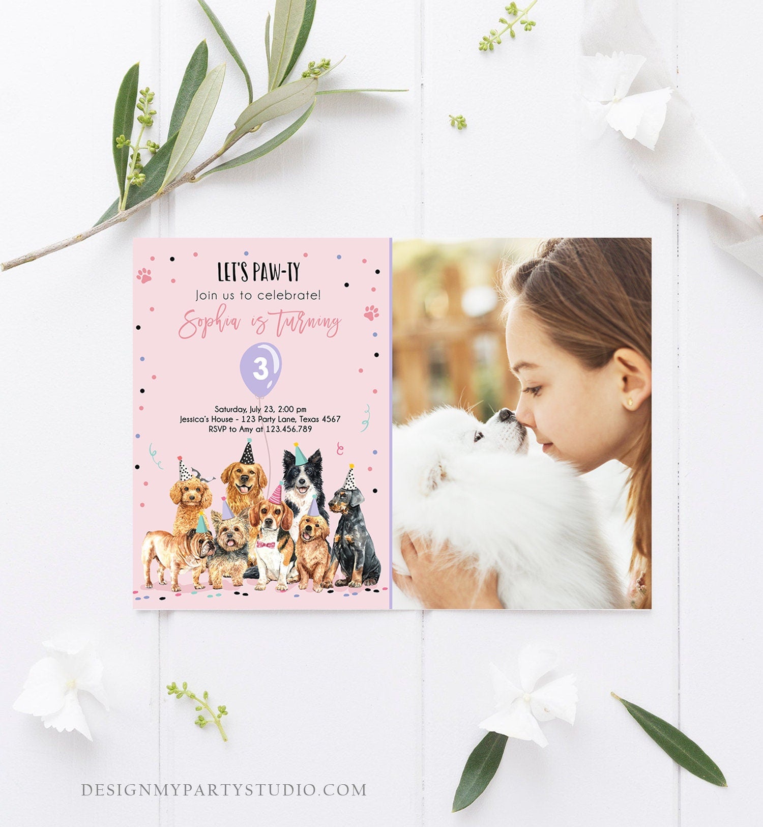 Editable Puppy Birthday Invitation Dogs Birthday Party Invite Pink Girl Watercolor Let's Pawty Dog Digital Download Template Printable 0384