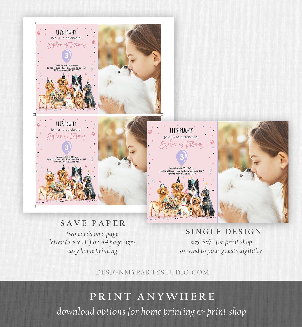 Editable Puppy Birthday Invitation Dogs Birthday Party Invite Pink Girl Watercolor Let&#39;s Pawty Dog Digital Download Template Printable 0384