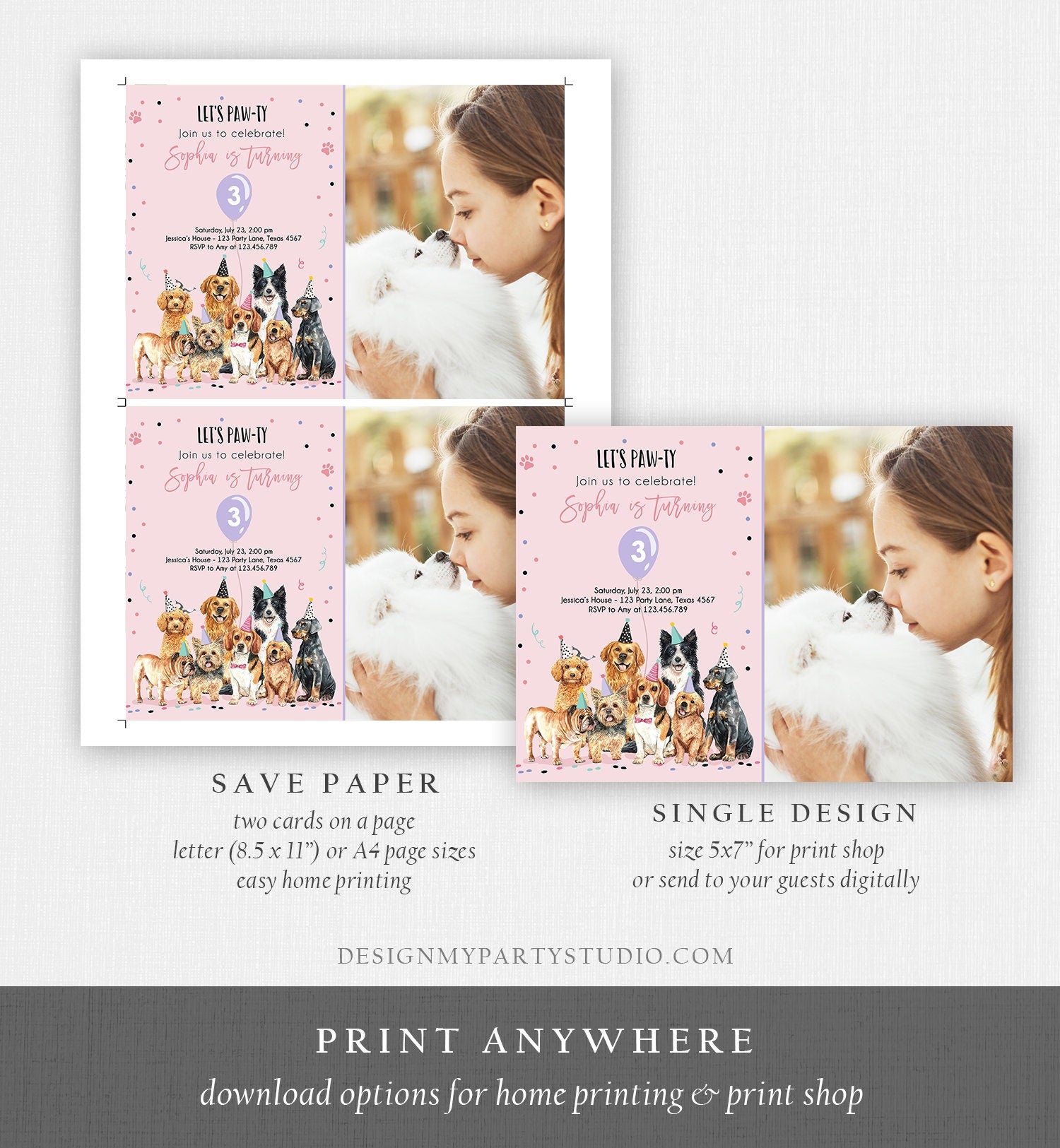 Editable Puppy Birthday Invitation Dogs Birthday Party Invite Pink Girl Watercolor Let's Pawty Dog Digital Download Template Printable 0384