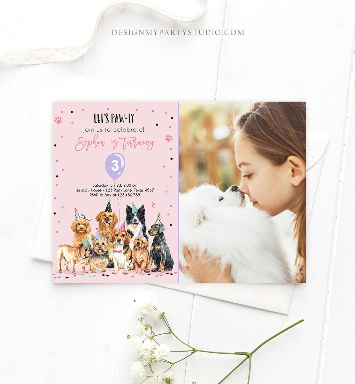 Editable Puppy Birthday Invitation Dogs Birthday Party Invite Pink Girl Watercolor Let&#39;s Pawty Dog Digital Download Template Printable 0384