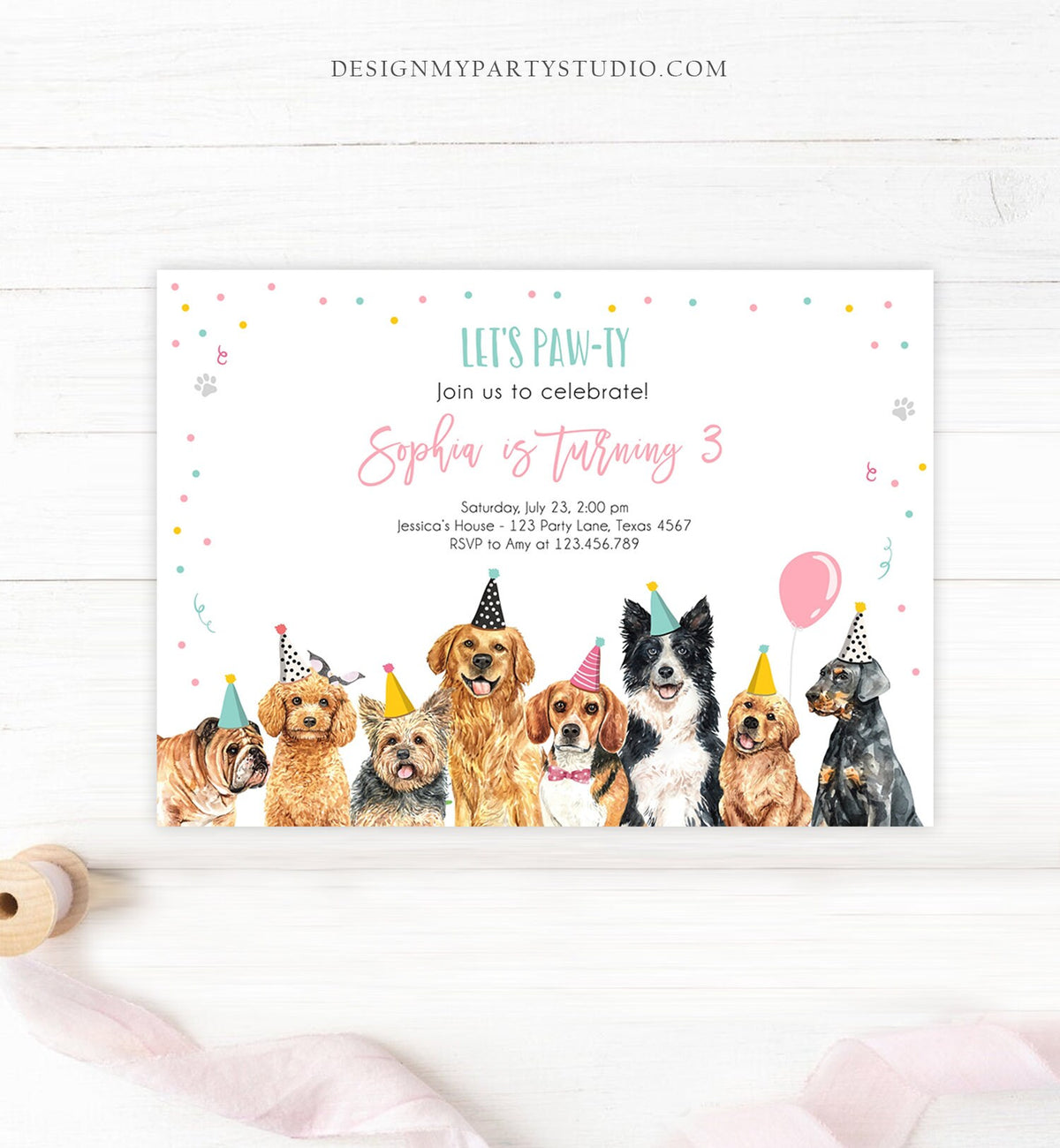 Editable Puppy Birthday Invitation Dogs Birthday Party Invite Pink Girl Let&#39;s Pawty Dog Digital Download Evite Template Printable 0384