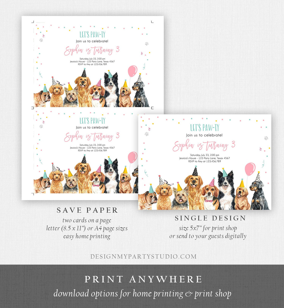Editable Puppy Birthday Invitation Dogs Birthday Party Invite Pink Girl Let&#39;s Pawty Dog Digital Download Evite Template Printable 0384