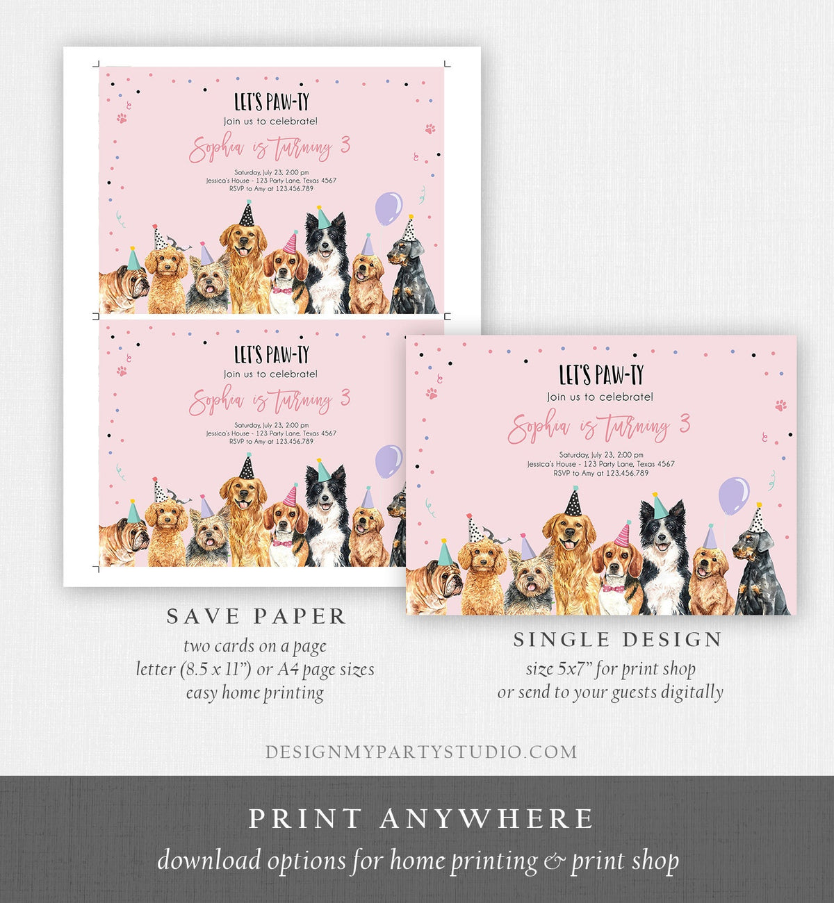 Editable Puppy Birthday Invitation Dogs Birthday Party Invite Pink Girl Watercolor Let&#39;s Pawty Dog Digital Download Template Printable 0384