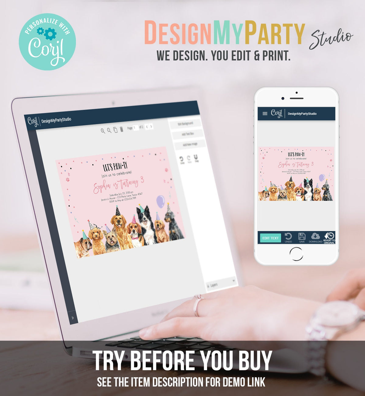 Editable Puppy Birthday Invitation Dogs Birthday Party Invite Pink Girl Watercolor Let&#39;s Pawty Dog Digital Download Template Printable 0384