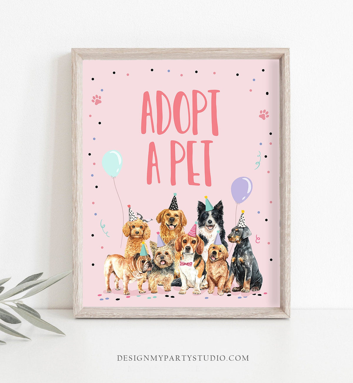 Adopt a Pet Birthday Sign Table Decor Dog Birthday Party Pink Girl Puppy Adoption Sign Vet Pawty Decor Table Sign Download Printable 0384