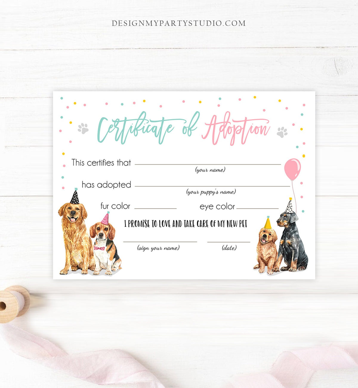 Pet Adoption Certificate Puppy Adoption Dog Birthday Party Adopt A Pet Girl Pink Vet Puppy Adoption Instant Download Digital Printable 0384