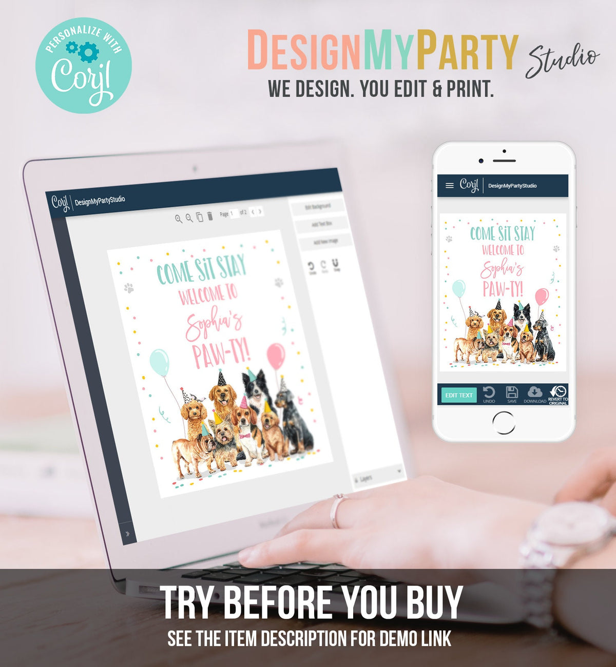 Editable Puppy Dog Birthday Party Welcome Sign Puppy Birthday Pink Pet Dog Birthday Come Sit Stay Paw-ty Girl Template Corjl PRINTABLE 0384