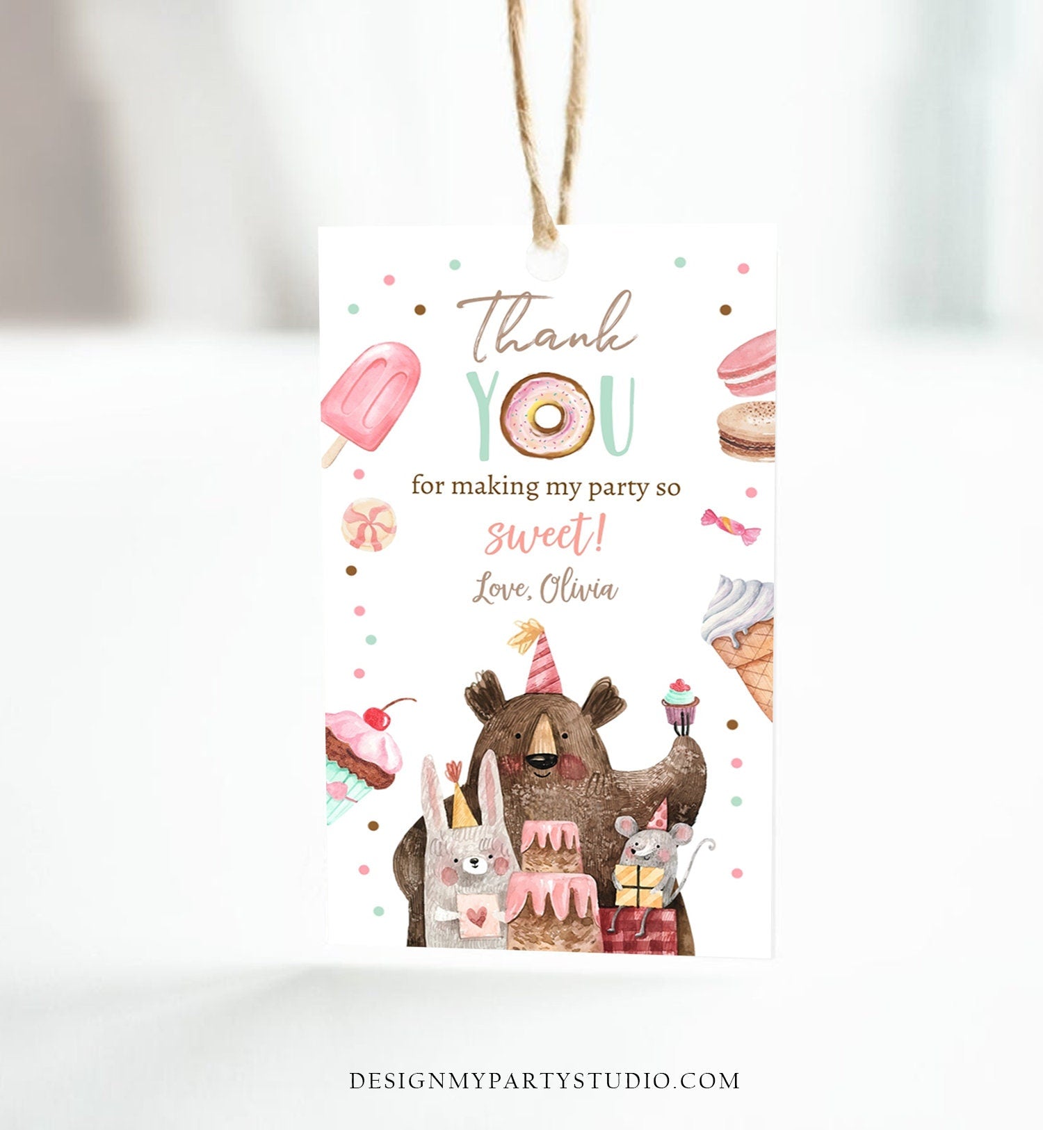 Editable Sweet Celebration Thank You Tags Sweet Shoppe Candy Sweets Favor Tags Girl Pink Donuts Labels Printable Corjl Template 0373