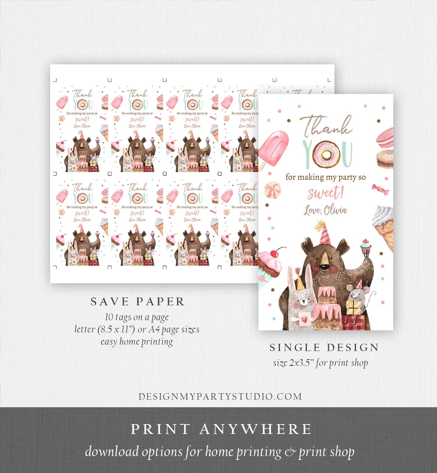 Editable Sweet Celebration Thank You Tags Sweet Shoppe Candy Sweets Favor Tags Girl Pink Donuts Labels Digital Template Printable 0373