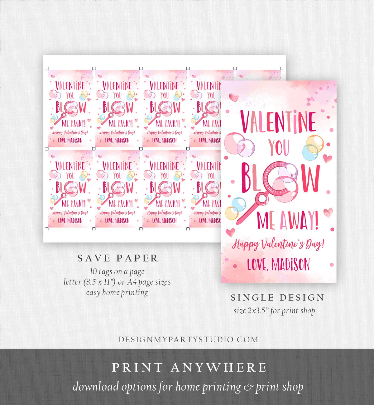 Editable Valentine You Blow Me Away Favor Tag Thank You Blowing Bubbles Soap Valentine&#39;s Day Tag School Non-Candy Printable PRINTABLE 0370