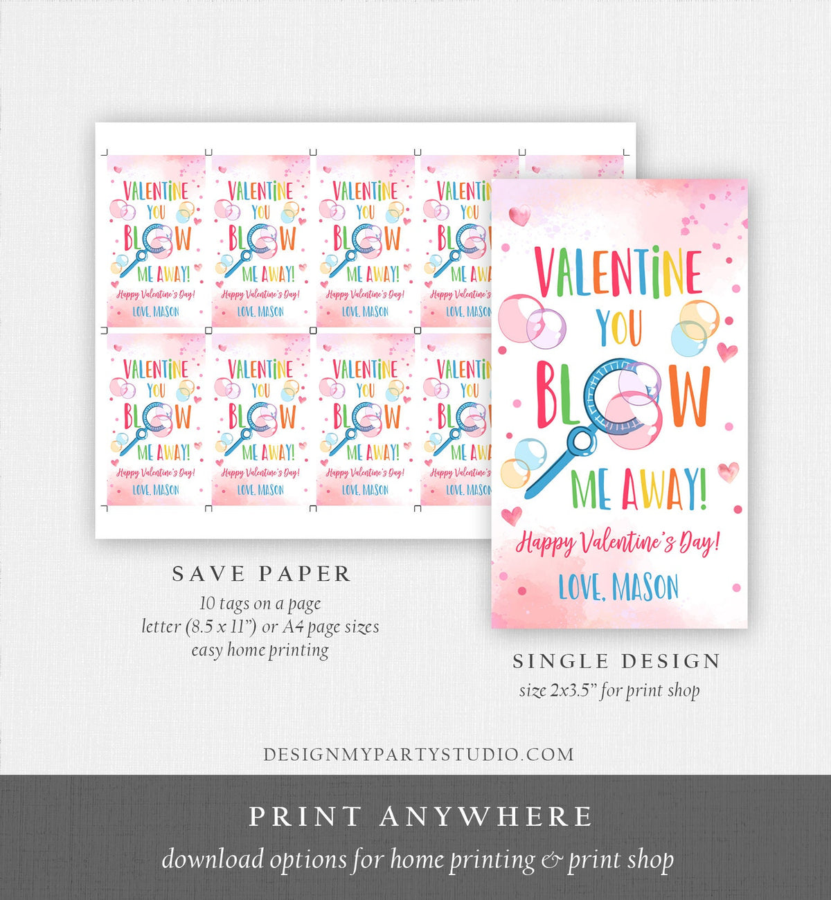 Editable Valentine You Blow Me Away Favor Tag Thank You Blowing Bubbles Soap Valentine&#39;s Day Tag School Digital Template Printable 0370
