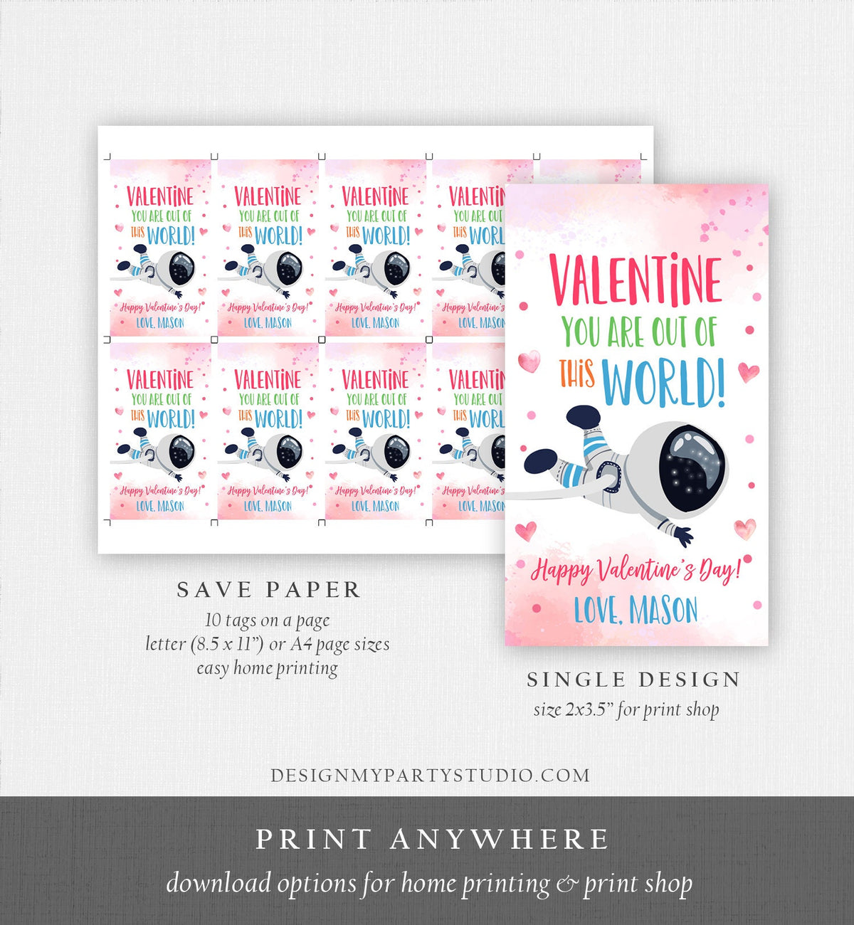 Editable Valentine You Are Out Of This World Favor Tag Thank You Space Astronaut Space Valentine&#39;s Day Tag Digital Template Printable 0370