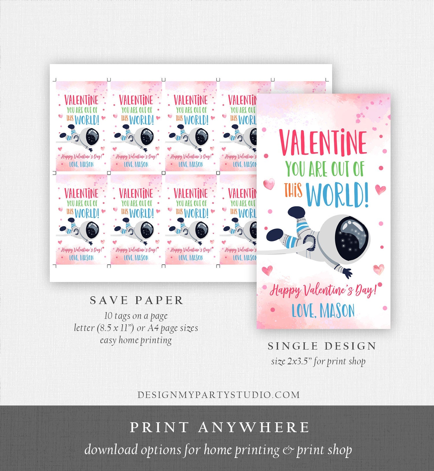Editable Valentine You Are Out Of This World Favor Tag Thank You Space Astronaut Space Valentine's Day Tag Digital Template Printable 0370
