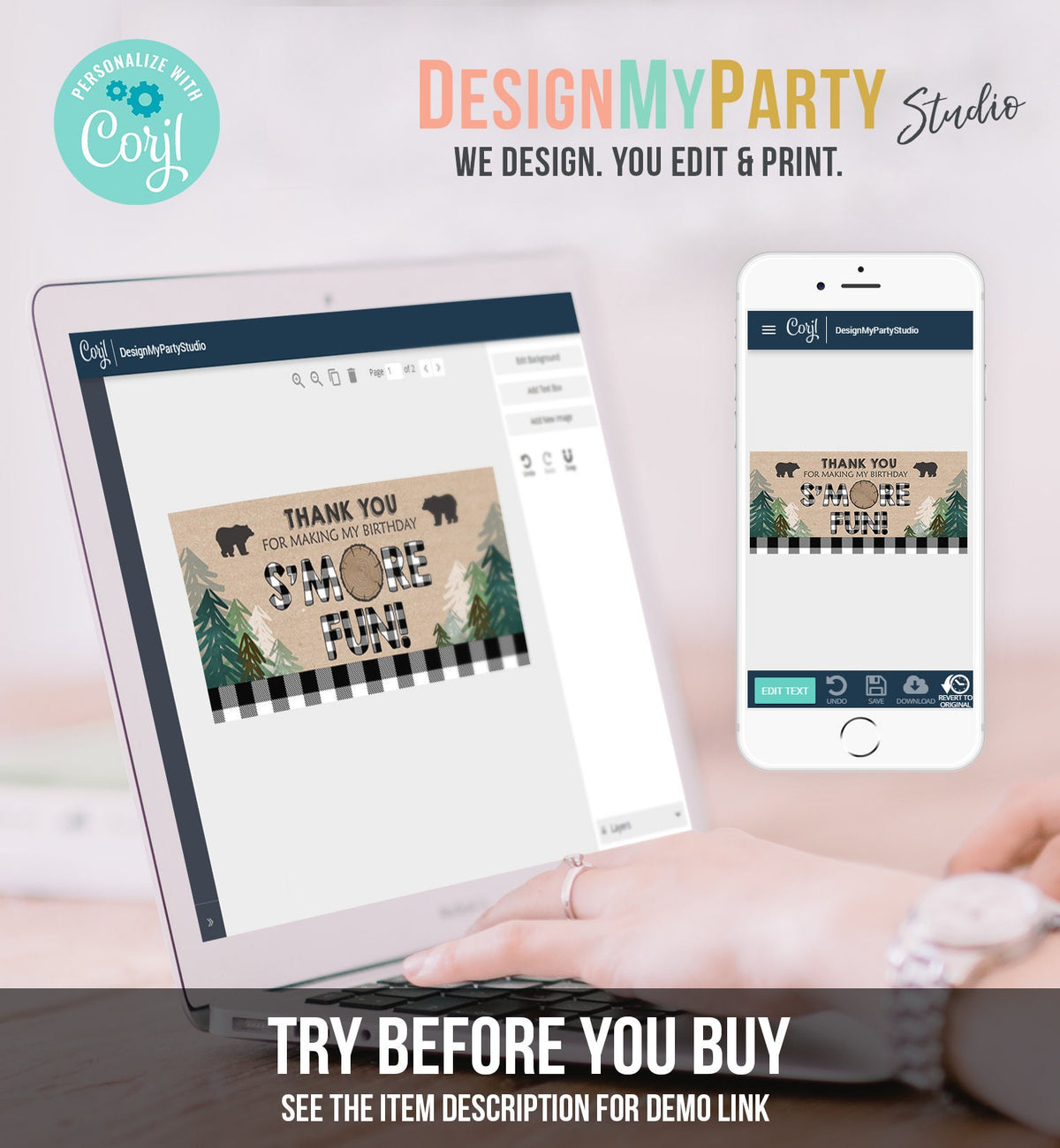 Editable Lumberjack Treat Bag Toppers Smore Fun Birthday Party Wild One Black White Buffalo Plaid Shower S&#39;more Digital Corjl Template 0026