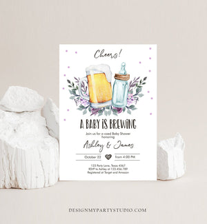 Editable A Baby is Brewing Invitation Bottle and Beers Baby Shower Cheers Coed Couples Shower Purple Download Printable Template Corjl 0190