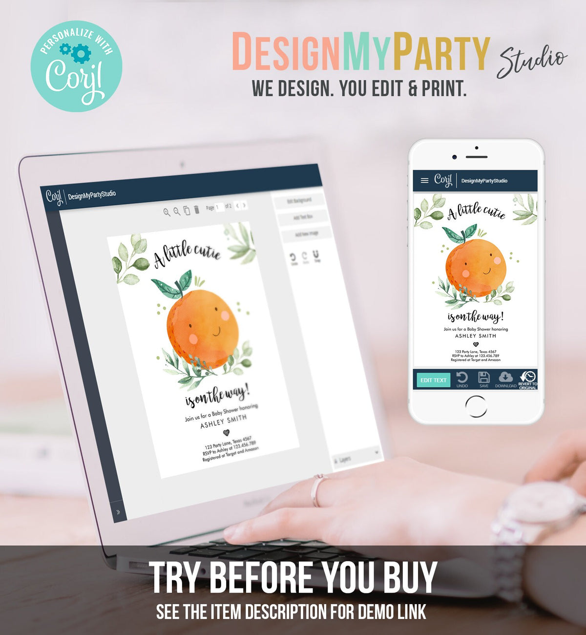 Editable Little Cutie Baby Shower Invitation Little Cutie On The Way Gender Neutral Clementine Coed Digital Download Template Printable 0330