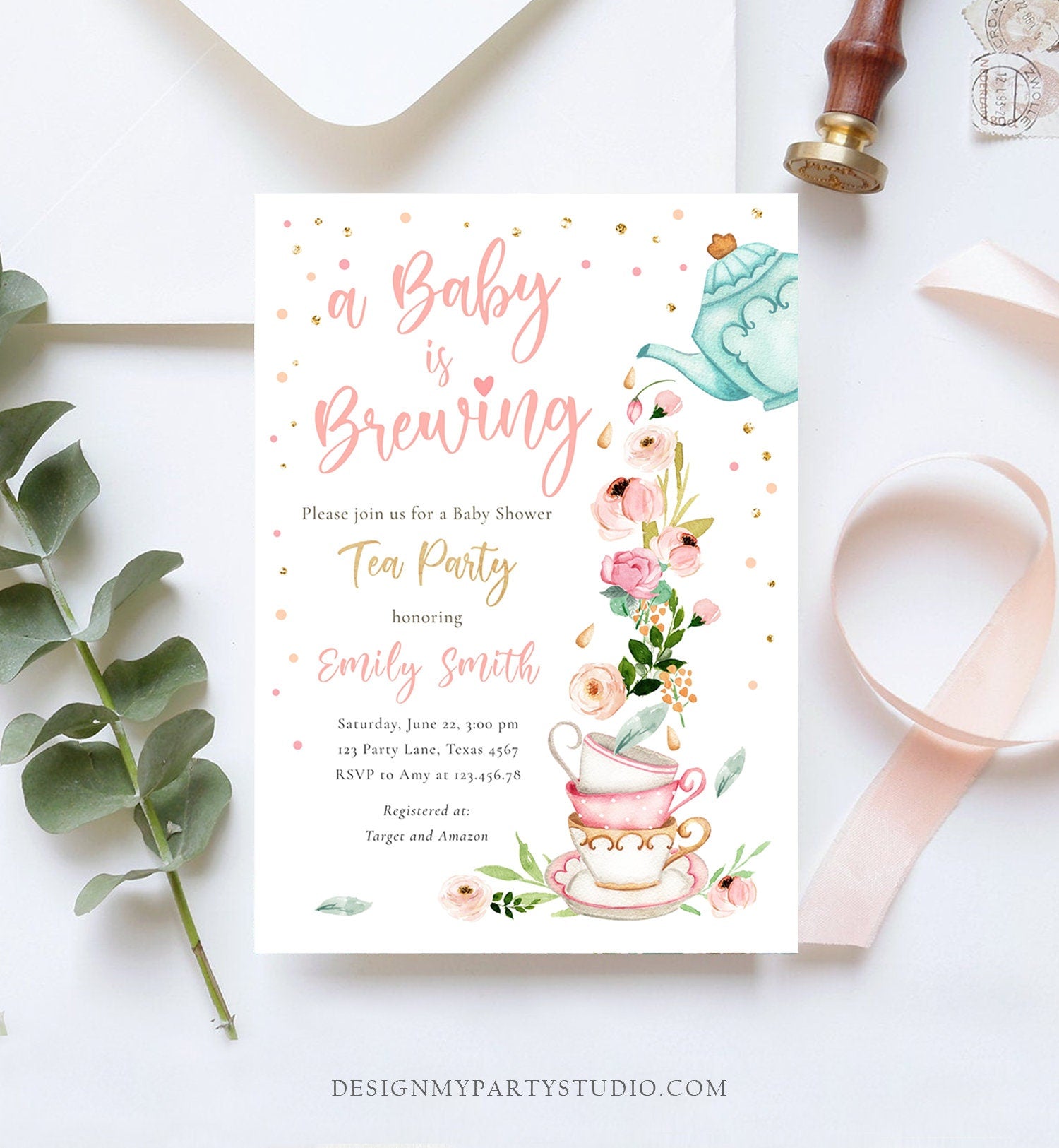 Editable Tea Party Baby Shower Invitation Tea Shower Sprinkle Floral Pink Gold Blush Brunch Bubbly Download Corjl Template Printable 0349