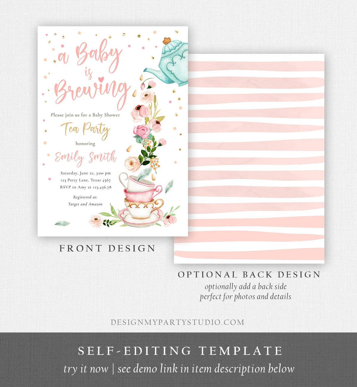 Editable Tea Party Baby Shower Invitation Tea Shower Sprinkle Floral Pink Gold Blush Brunch Bubbly Download Corjl Template Printable 0349