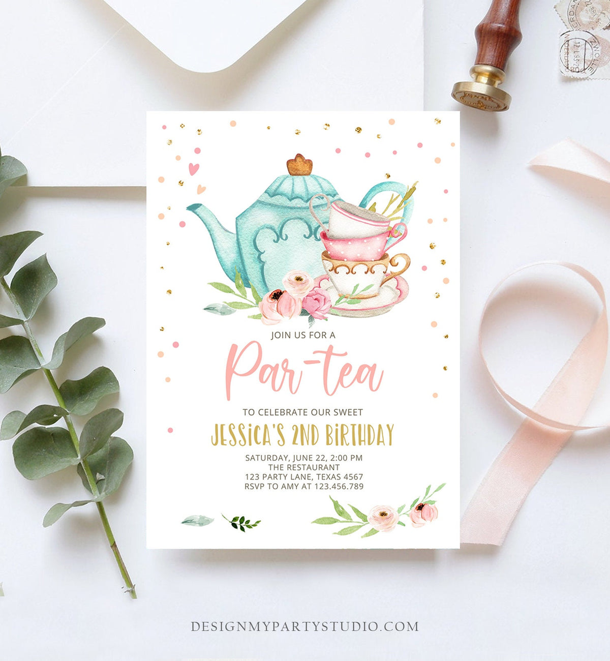 Editable Tea Party Birthday Invitation Par-Tea Birthday Invite Pink and Gold Floral Whimsical Download Printable Template Corjl Digital 0349