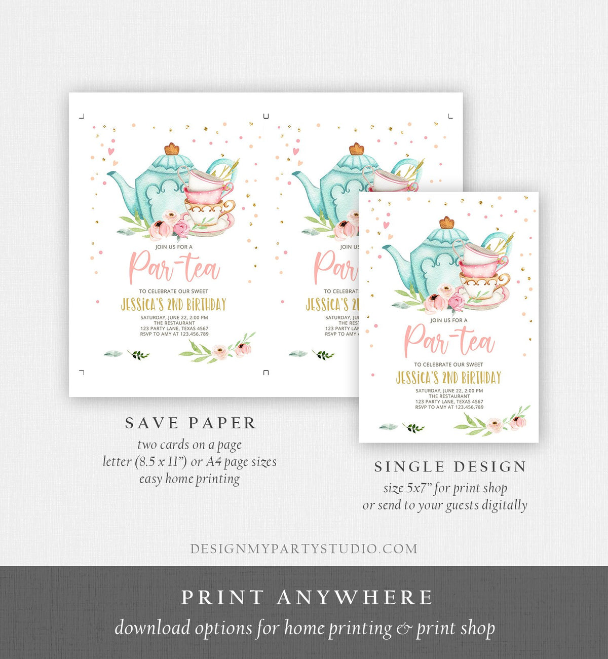 Editable Tea Party Birthday Invitation Par-Tea Birthday Invite Pink and Gold Floral Whimsical Download Printable Template Corjl Digital 0349