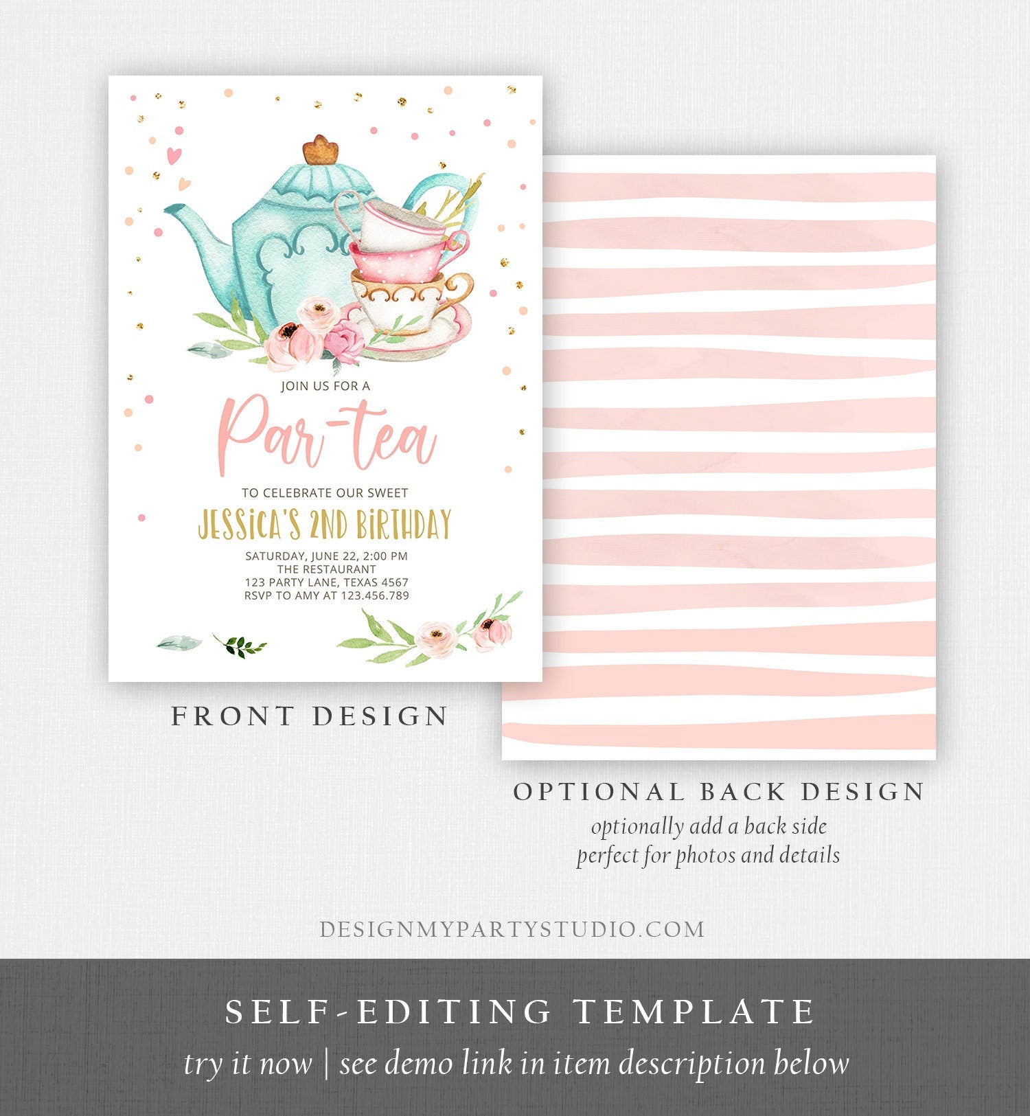 Editable Tea Party Birthday Invitation Par-Tea Birthday Invite Pink and Gold Floral Whimsical Download Printable Template Corjl Digital 0349