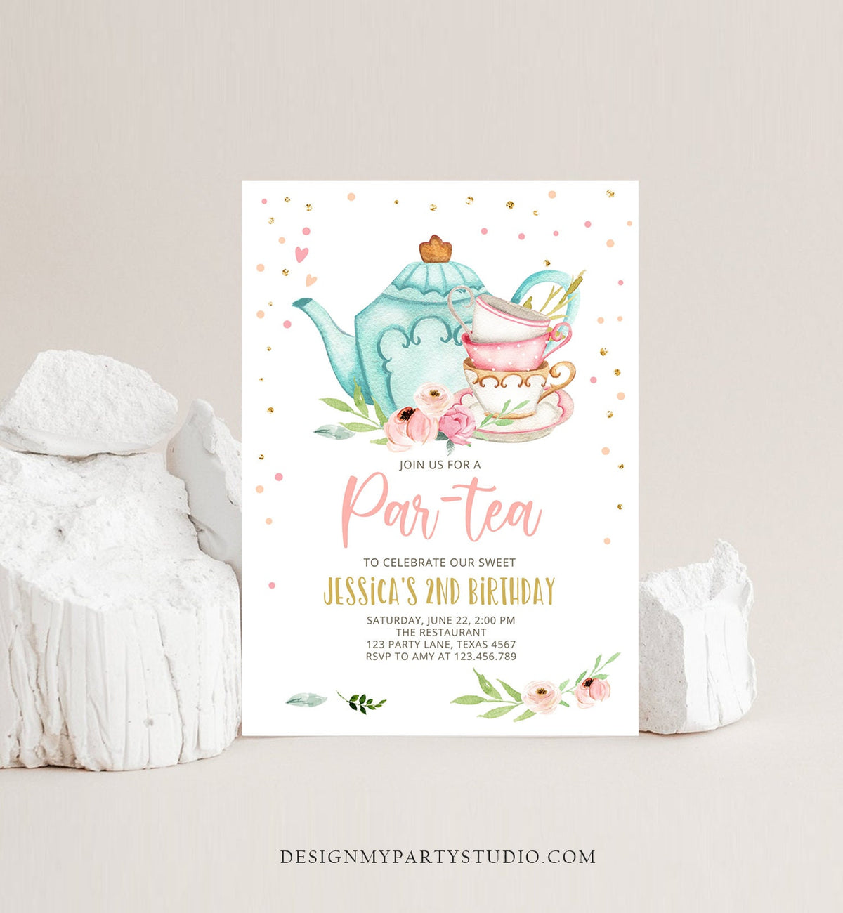 Editable Tea Party Birthday Invitation Par-Tea Birthday Invite Pink and Gold Floral Whimsical Download Printable Template Corjl Digital 0349