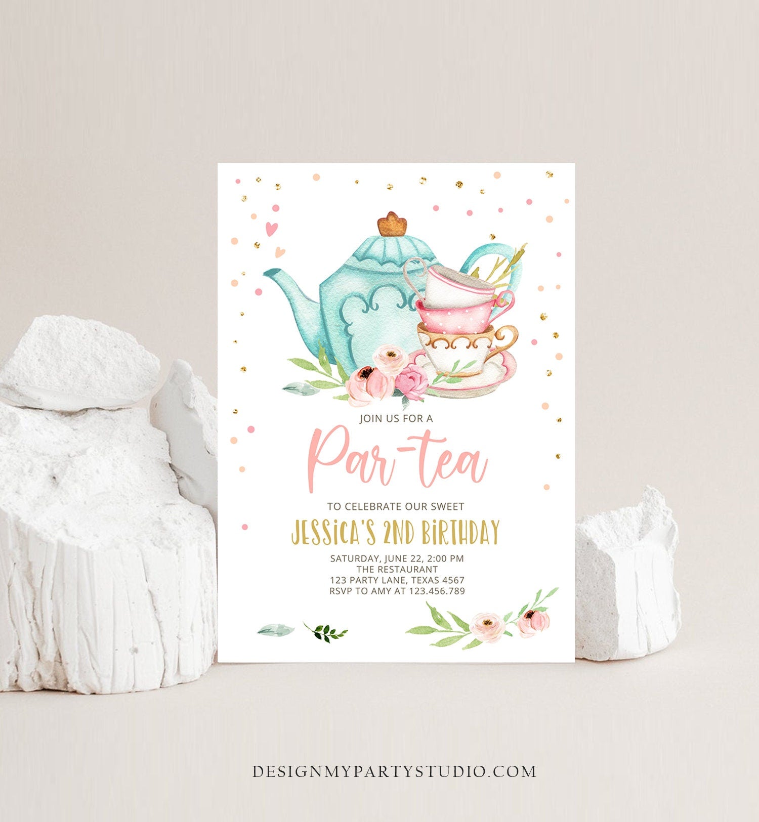 Editable Tea Party Birthday Invitation Par-Tea Birthday Invite Pink and Gold Floral Whimsical Download Printable Template Corjl Digital 0349