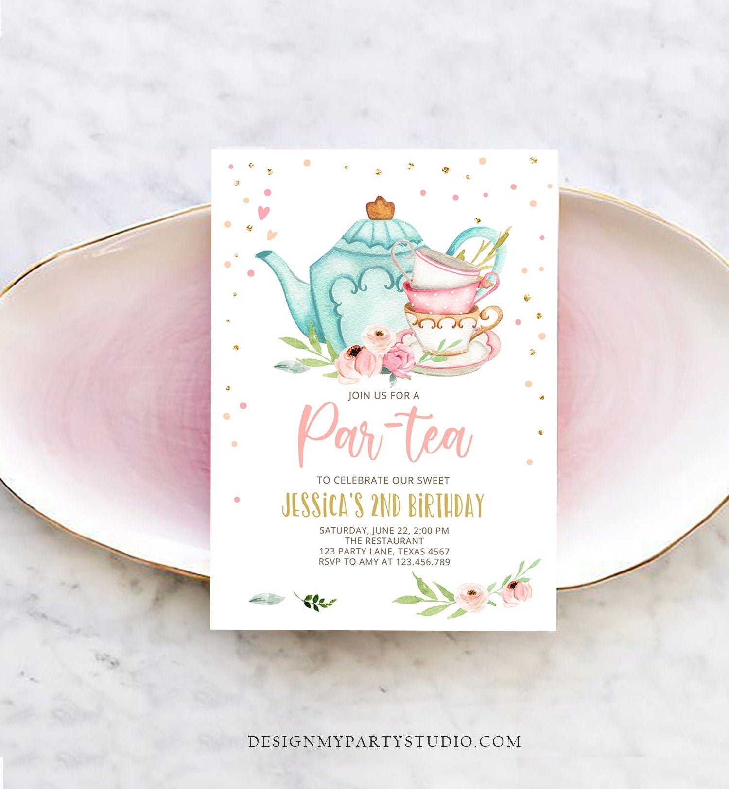 Editable Tea Party Birthday Invitation Par-Tea Birthday Invite Pink and Gold Floral Whimsical Download Printable Template Corjl Digital 0349