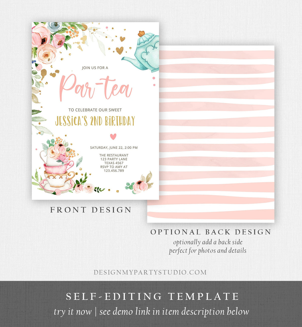 Editable Tea Party Birthday Invitation Par-Tea Birthday Invite Pink and Gold Floral Whimsical Digital Download Evite Template Printable 0349