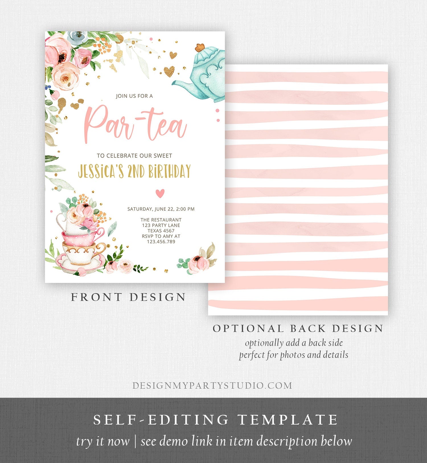 Editable Tea Party Birthday Invitation Par-Tea Birthday Invite Pink and Gold Floral Whimsical Digital Download Evite Template Printable 0349