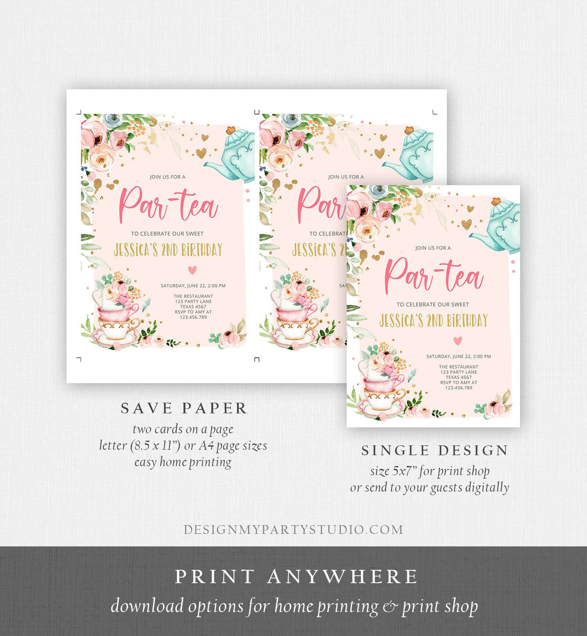 Editable Tea Party Birthday Invitation Par-Tea Birthday Invite Pink and Gold Floral Whimsical Digital Download Evite Template Printable 0349