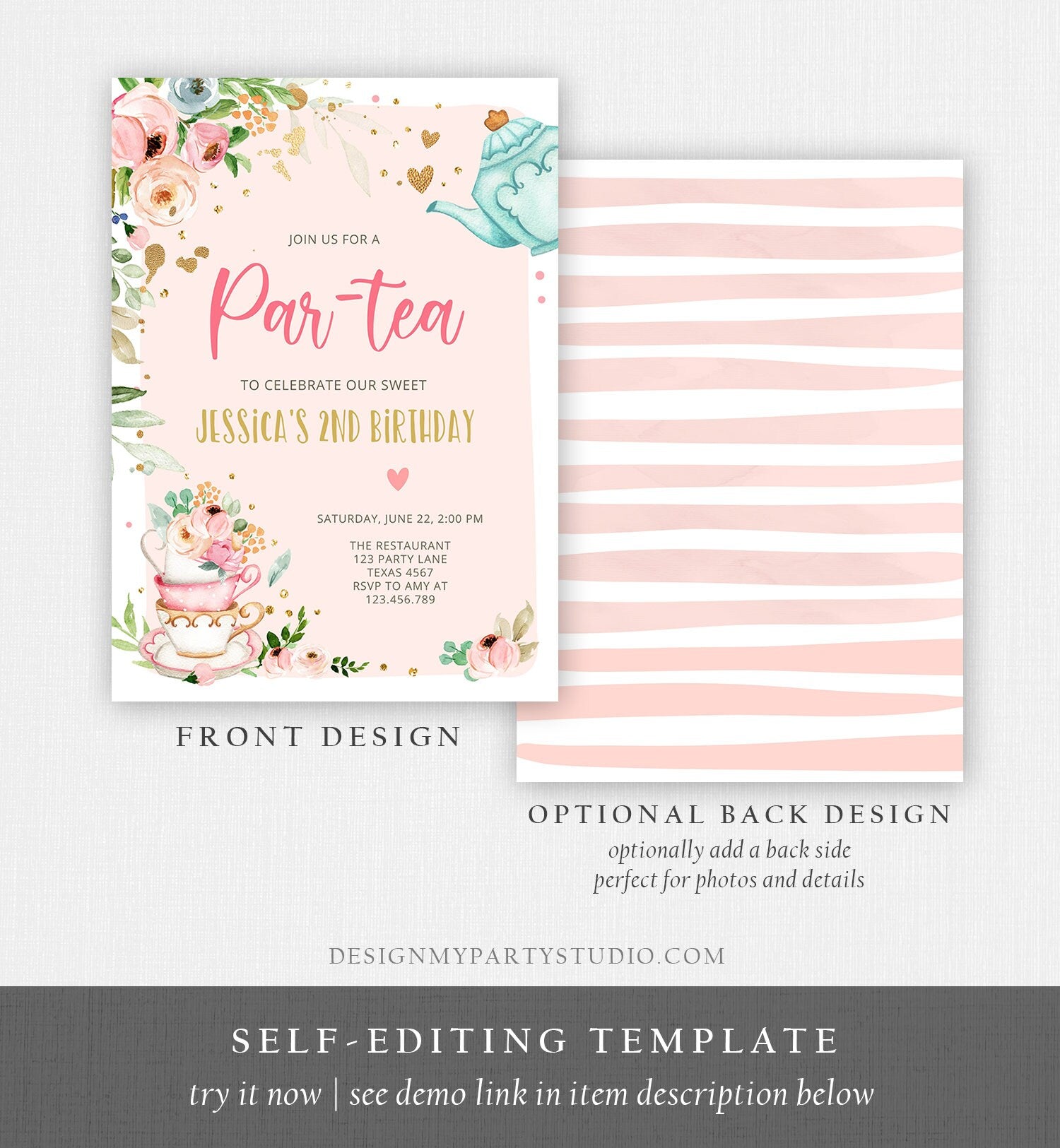 Editable Tea Party Birthday Invitation Par-Tea Birthday Invite Pink and Gold Floral Whimsical Digital Download Evite Template Printable 0349