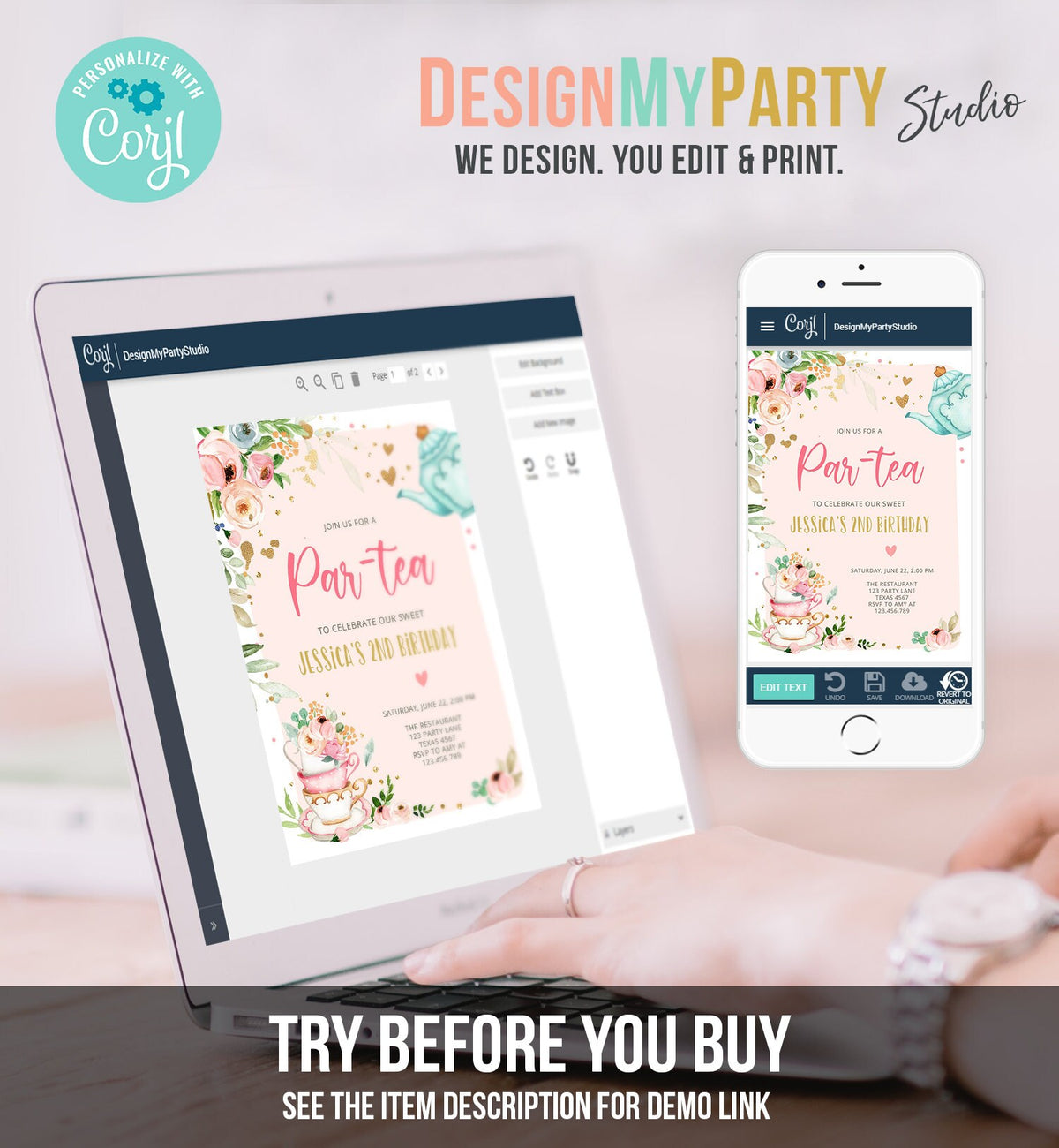 Editable Tea Party Birthday Invitation Par-Tea Birthday Invite Pink and Gold Floral Whimsical Digital Download Evite Template Printable 0349