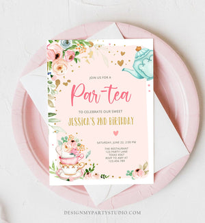 Editable Tea Party Birthday Invitation Par-Tea Birthday Invite Pink and Gold Floral Whimsical Download Printable Template Corjl Digital 0349