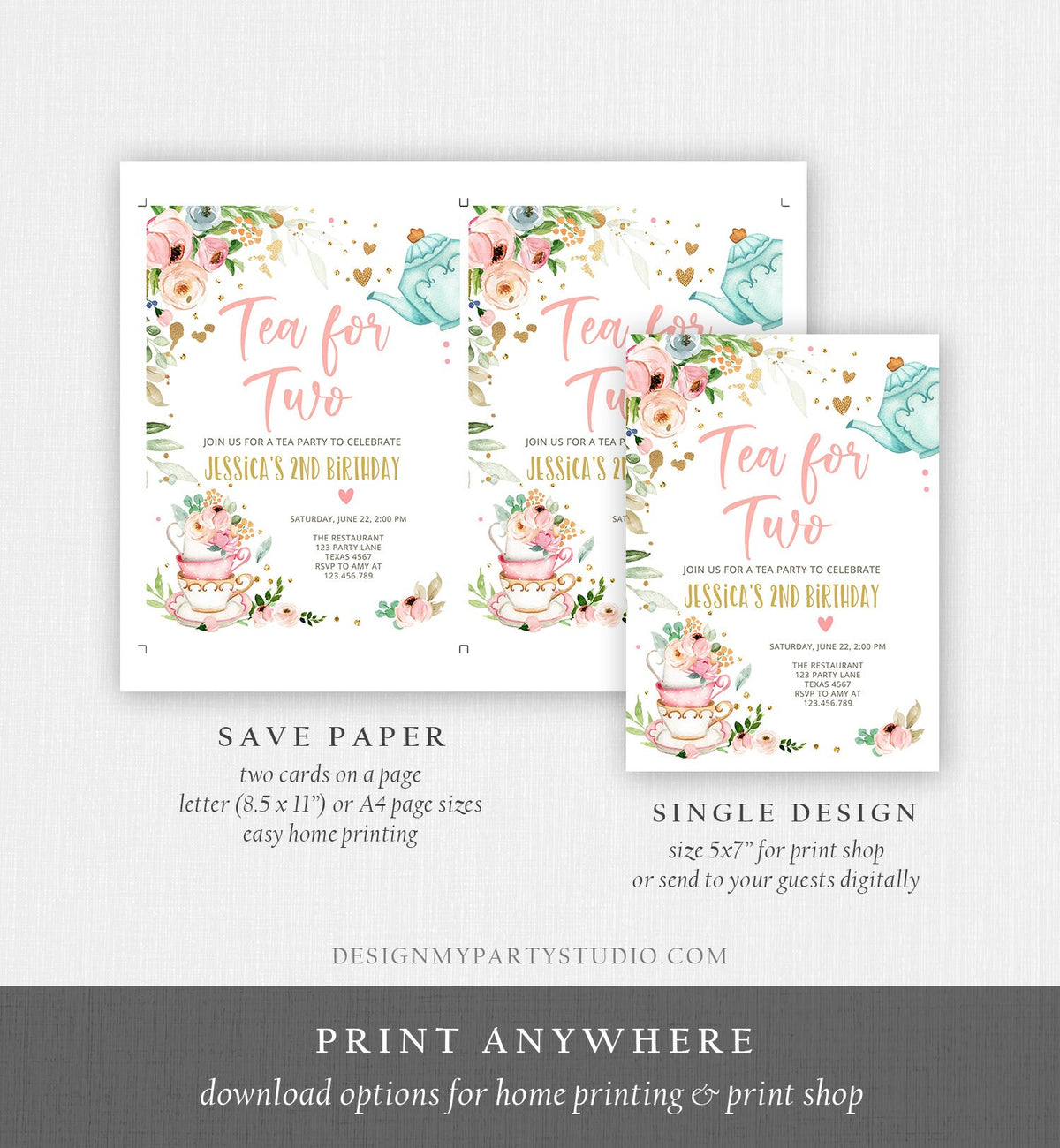 Editable Tea for Two Birthday Invitation Girl Tea Party Invite Pink Gold Floral Peach Pink Digital Download Evite Template Printable0349