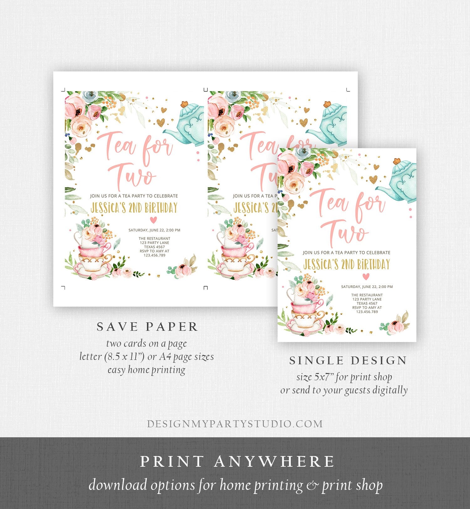 Editable Tea for Two Birthday Invitation Girl Tea Party Invite Pink Gold Floral Peach Pink Digital Download Evite Template Printable0349