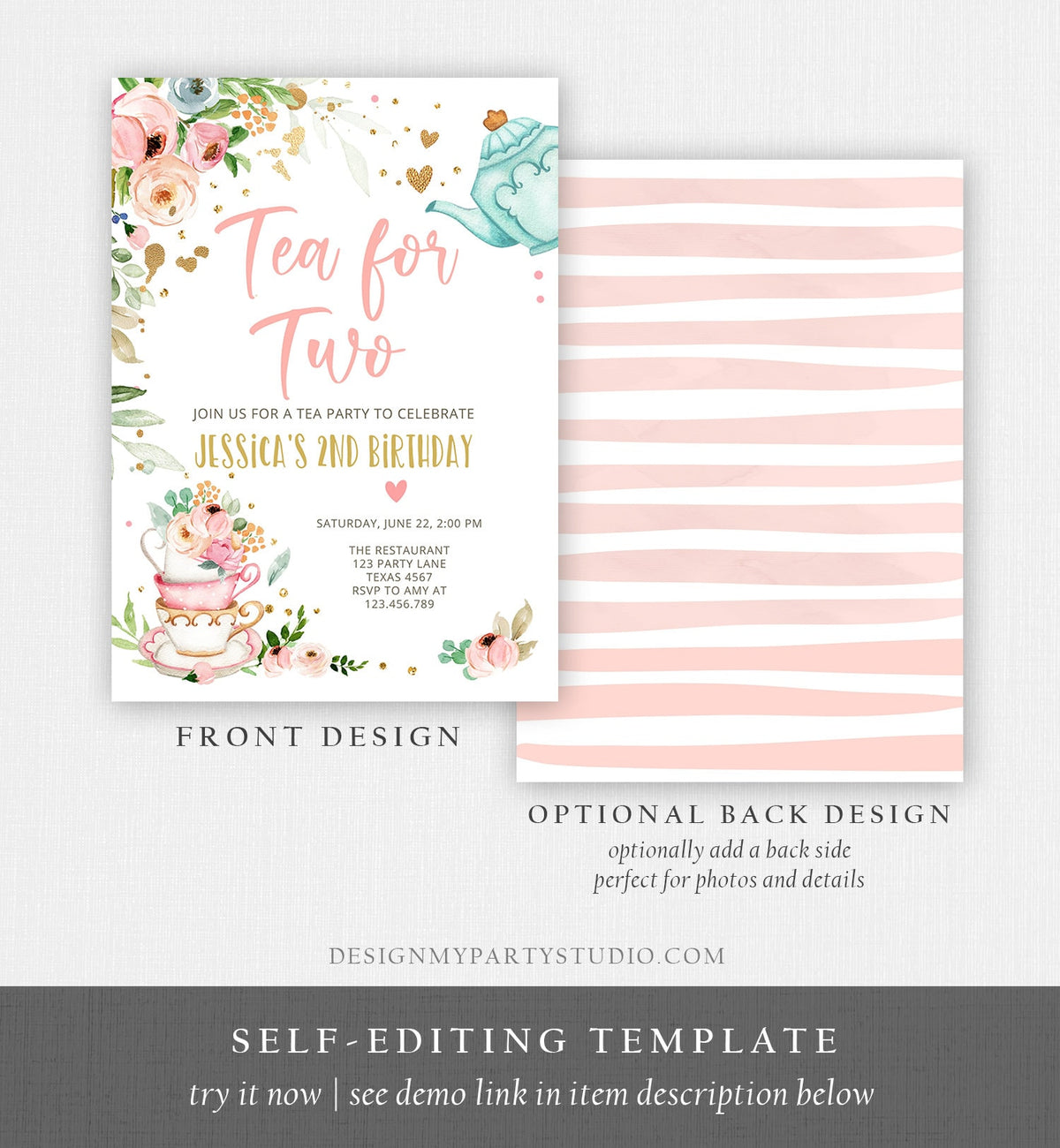 Editable Tea for Two Birthday Invitation Girl Tea Party Invite Pink Gold Floral Peach Pink Digital Download Evite Template Printable0349