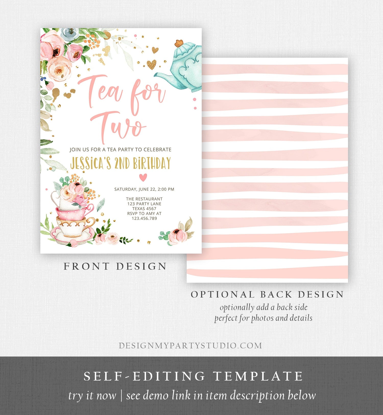 Editable Tea for Two Birthday Invitation Girl Tea Party Invite Pink Gold Floral Peach Pink Digital Download Evite Template Printable0349