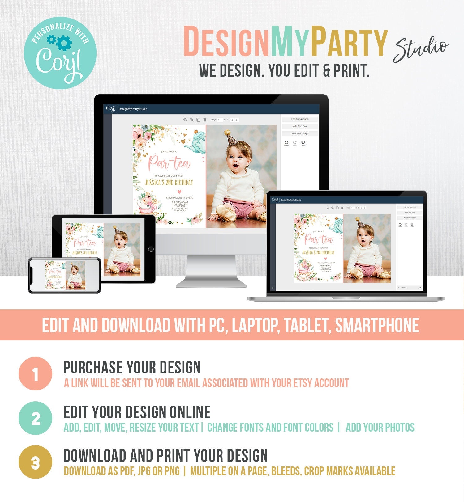 Editable Tea Party Birthday Invitation Par-Tea Birthday Invite Pink and Gold Floral Whimsical Download Printable Template Corjl Digital 0349